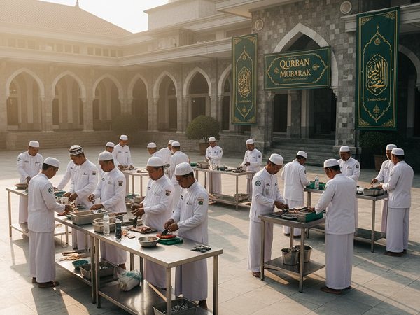 Ilustrasi tim juleha bekerja di halaman masjid